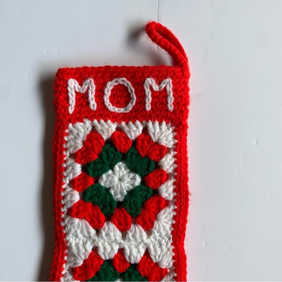 Crocheted Granny Square Christmas Stocking Mom Red Green 19” Long Hand Made EUC - Picture 2 of 16